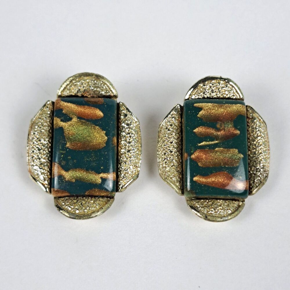Vintage Coro Earings Clip On Confetti Green Gold